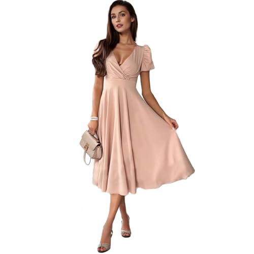 Adorling Damen Elegant Swing Retro Party Cocktailkleid V-Ausschnitt Rockabilly Freizeitkleider Kurze Ärmel Hohe Taille Knielanges Sommerkleid von Adorling