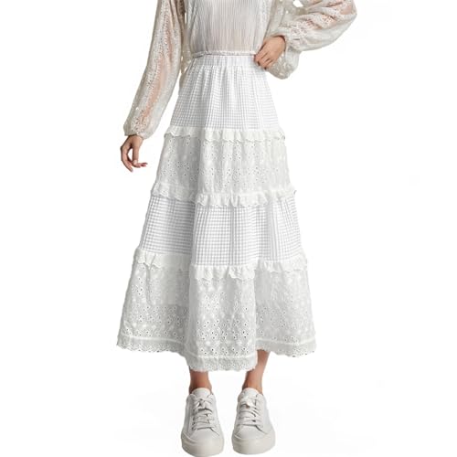 Adorling Damen Weißer Midi-Rock im Cake-Stil – Hochtaillierter Eleganter Rock mit Spitze und Elastischem Bund von Adorling