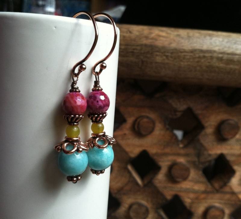 Blauen Opal, Lila Lace Achat Und Kupfer Ohrringe von AdornMeNow