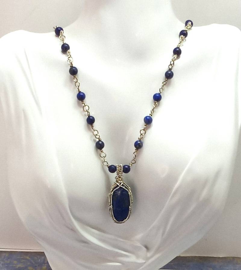 Handgefertigte Lapis Lazuli Sterling Silber Perlen Draht Gewickelt Lange Halskette von AdornMeantForYou