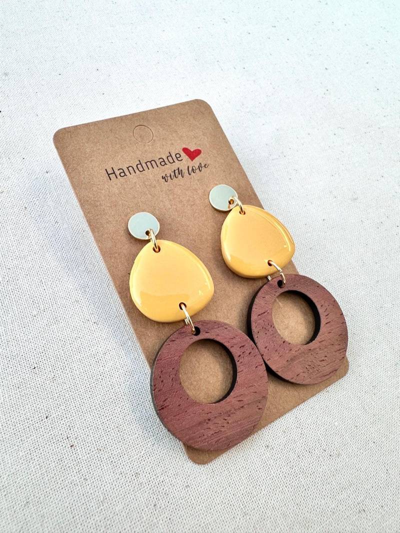 Handmade Statement Earrings - Mustard Yellow & Walnut Wood Lightweight Polymer Clay Jewelry Boho Geometric Modern Handmade Statement Earrings - Mustard Yellow & Walnut Wood Lightweight Polymer Clay Jewelry Boho Geometric Modern von AdornaJewelryDesigns