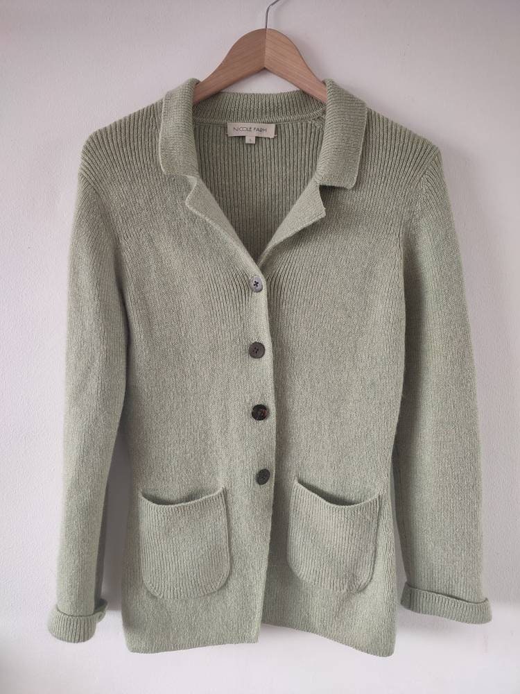 1990S Vintage Nicole Farhi Hellgrüne Strickjacke Mohair Und Wolle Designer Größe S von AdornedVintageFinds