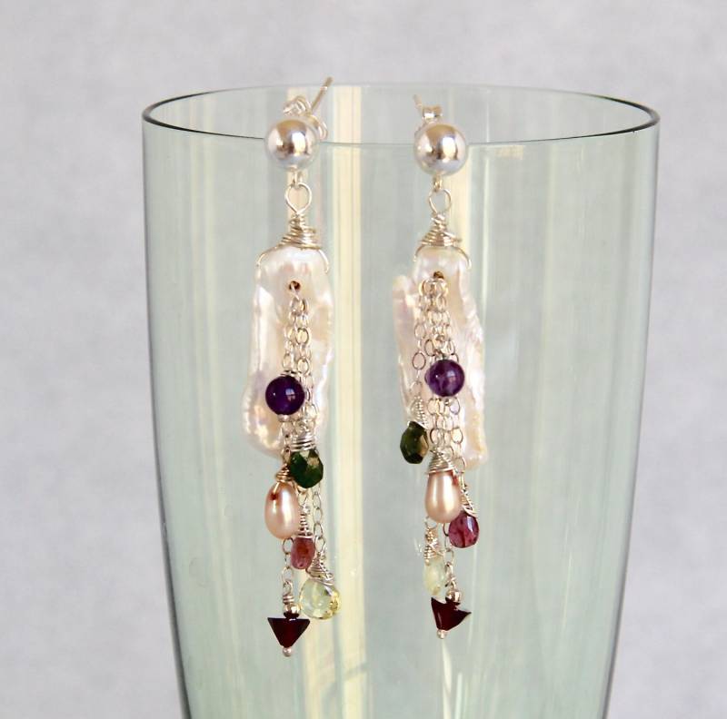 Barock Stick Perle Multi Gem Baumeln Quaste Ohrringe, Handgemachte Edelstein Schmuck Einzigartiges Statement Braut - Sterlingsilber Draht Gewickelt von AdornmentsAndFrills