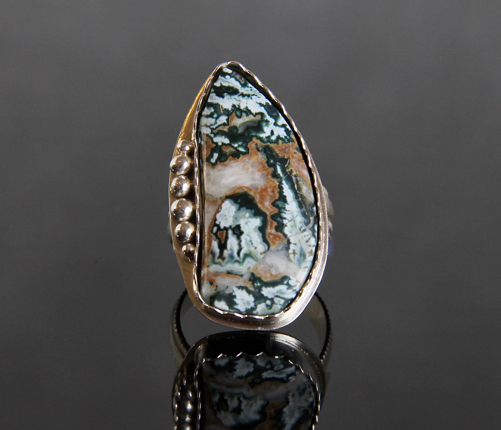 Blue Tide Seam Achat Cabochon Ring, Größe Auf Bestellung, Sterling Silber Lünette Set, Handgemachte Metallschmied, Weiße Onyx Flamme Design von AdornmentsAndFrills