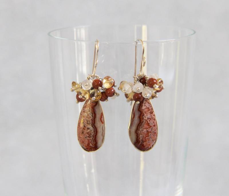 Crazy Lace Achat Tropfen Ohrringe, Citrin Mondstein Sonnenstein Clusters, Sterling Silber Draht Gewickelt, Handgemachter Schmuck, Einzigartiger von AdornmentsAndFrills