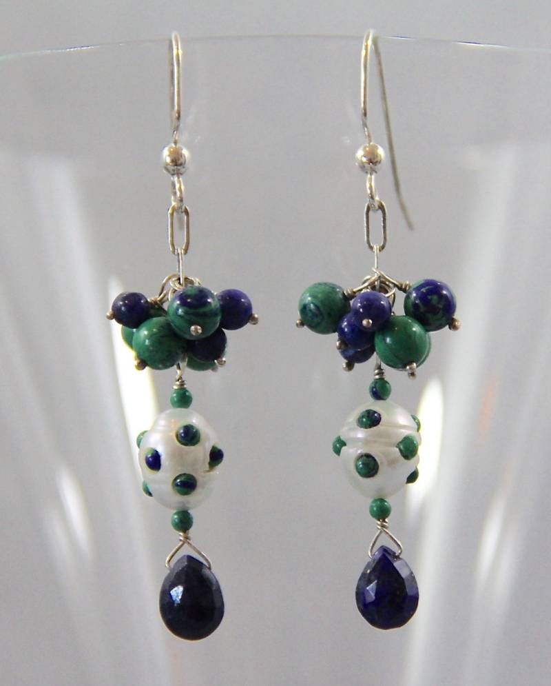 Azurit Lapis Clusters, Eingelegte Perlen Baumeln Ohrringe, Handgemachte Sterling Silber Draht Gewickelt Edelstein Schmuck, Einzigartige Boho von AdornmentsAndFrills