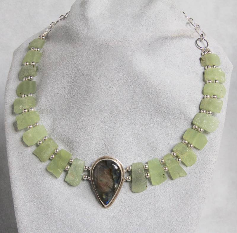 Labradorit Spektrolith Teardrop Anhänger Prehnit Druzy Halskette - Sterling Silber Edelstein Perlen Schmuck Bold Handgemachte Metallschmied Kunst von AdornmentsAndFrills