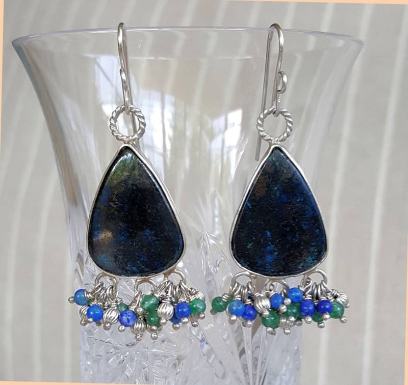 Tiefblaue Azurit Tropfen Ohrringe, Aventurin Lapis Cluster, Sterling Silber Draht Eingewickelt Handgemachter Edelstein Perlen Schmuck, Boho Southwest von AdornmentsAndFrills