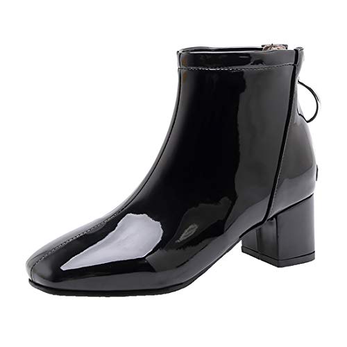 Adorose Damen Chunky Heels Ankle Boots Lack Stiefeletten Blockabsatz Kurzschaft Stiefel Reissverschluss Hinten Schuhe(Schwarz,44) von Adorose