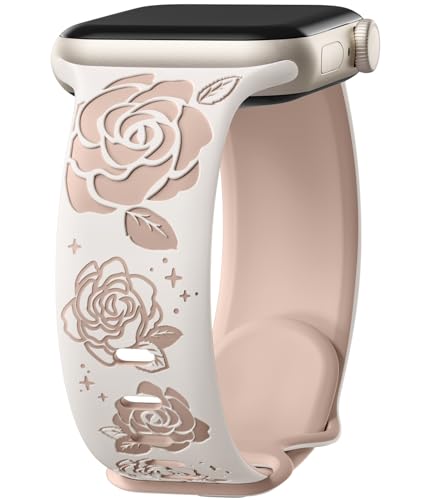 Adorve Armband mit Blumengravur, kompatibel mit Apple Watch, Armband für 44 mm, 45 mm, 49 mm, 42 mm, 41 mm, 40 mm, 38 mm, für Damen und Herren, Silikonband mit Rosen-Gravur, für iWatch-Bänder Serie 9, von Adorve