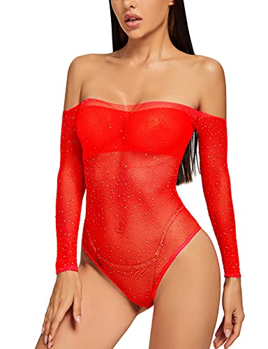 Adove Damen Sexy Sparkle Strass Mesh Teddy Fischnetz Dessous Einteiliger Bodysuit von Adove