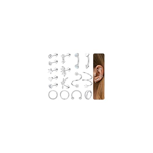 Adramata 16Pcs Helix Piercings Chirurgenstahl 16G Piercing Ohr CZ Herz Ohrstecker Knorpel Ohrringe Damen Klein Creolen Gold Silber Conch Helix Tragus Ohrringe für Mehrere Ohrlöcher von Adramata