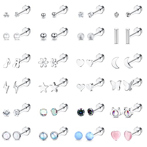 ADRAMATA 24 Paar Ohrstecker für Damen Edelstahl Ohrringe Set Tragus Helix Knorpel Ohrringe Piercing Hypoallergen Flache Rückseite Silber Ohrringe Winzige Silber Ohrstecker für Damen Mädchen von Adramata