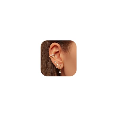 Adramata 4 Paar Silber 925 Ohrringe für Damen - Gold Kleine Creolen, CZ Ohrstecker Set, Goldene Ear Cuff, Stapelbar für Mehrere Piercings - Hypoallergenes Set, B von Adramata