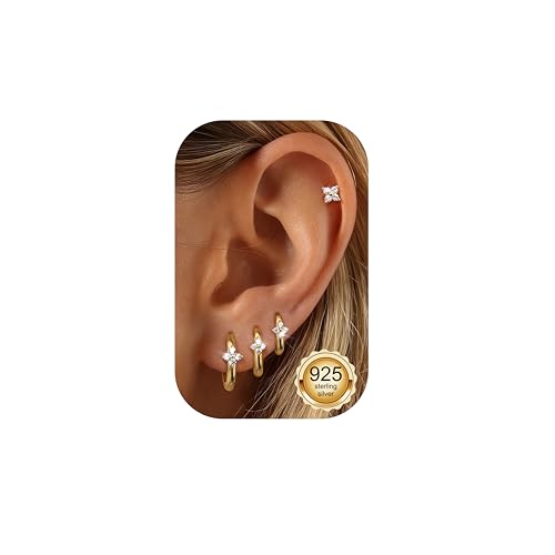 Adramata 4 Paar Ohrringe Silber 925 für Damen 14K Vergoldet Creolen Ohrstecker mit Kette, Hypoallergen Piercing Ohr Helix Knorpel Ohrringe für Mehrere Ohrlöcher von Adramata