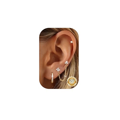 Adramata 4 Paar Ohrringe Silber 925 für Damen 14K Vergoldet Creolen Ohrstecker mit Kette, Hypoallergen Piercing Ohr Helix Knorpel Ohrringe für Mehrere Ohrlöcher von Adramata