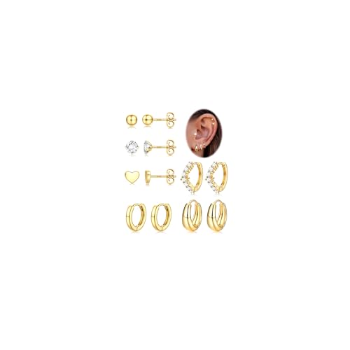 ADRAMATA 6 Paar Ohrringe Silber 925 Set für Damen 14K Vergoldet Creolen Ohrstecker Gold Piercing Ohr Helix Knorpel Hypoallergene Ohrstecker Huggie Ohrringe für Mehrere Piercings von Adramata