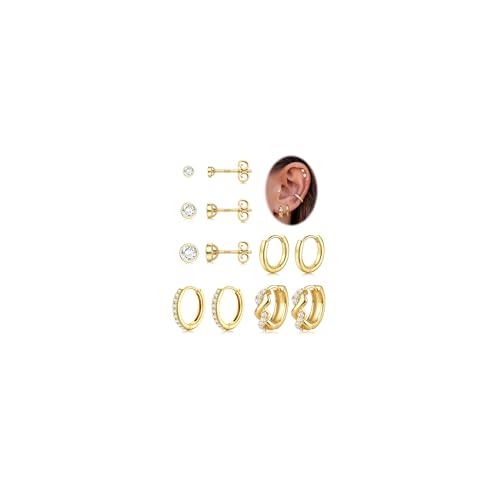 ADRAMATA 6 Paar Ohrringe Silber 925 Set für Damen 14K Vergoldet Creolen Ohrstecker Gold Piercing Ohr Helix Knorpel Hypoallergene Ohrstecker Huggie Ohrringe für Mehrere Piercings von Adramata