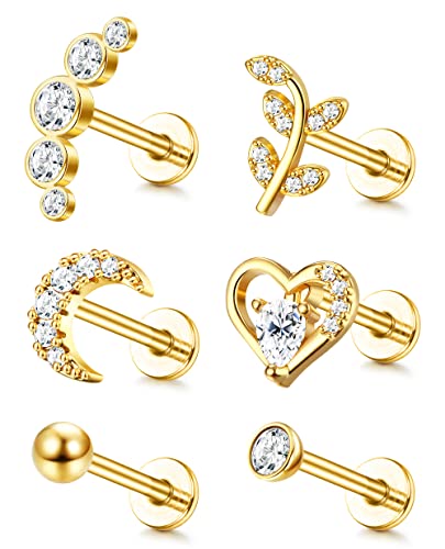 Adramata 6Pcs 16G Knorpel Tragus Ohrstecker Für Damen Herren Ohrringe Innengewinde CZ Mond Herzblatt Helix Conch Labret Monroe Ohrpiercing Schmuck von Adramata