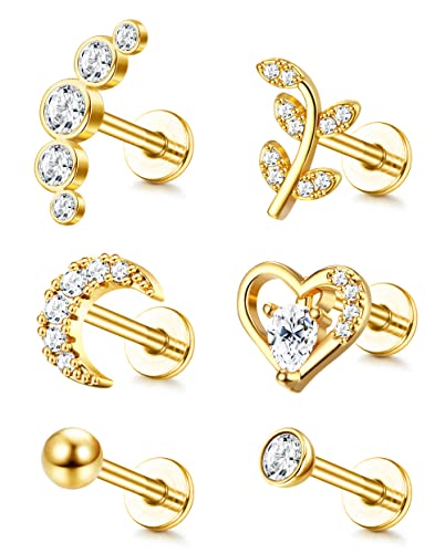 Adramata 6Pcs 16G Knorpel Tragus Ohrstecker Für Damen Herren Ohrringe Innengewinde CZ Mond Herzblatt Helix Conch Labret Monroe Ohrpiercing Schmuck von Adramata