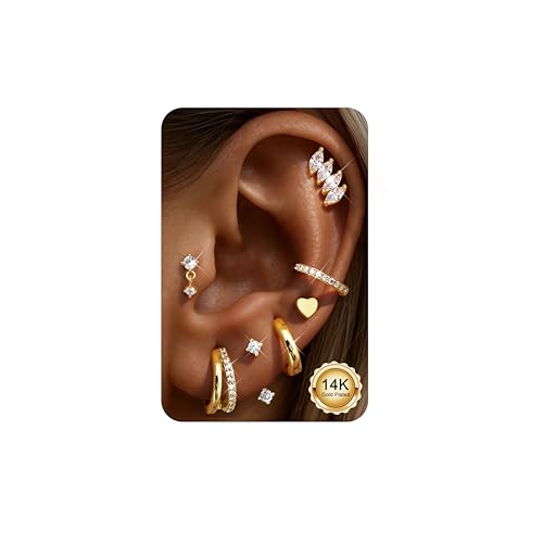 ADRAMATA 7 Paar Ohrringe Gold Set Chirurgenstahl Piercing Ohr Gold/Silver Helix Tragus Conch Piercing Medizinische Ohrstecker Creolen Huggie Hypoallergene Goldene Ohrringe für Mehrfachpiercing von Adramata