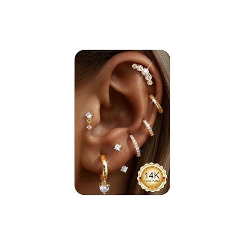 ADRAMATA 7 Paar Ohrringe Gold Set Chirurgenstahl Piercing Ohr Gold/Silver Helix Tragus Conch Piercing Medizinische Ohrstecker Creolen Huggie Hypoallergene Goldene Ohrringe für Mehrfachpiercing von Adramata