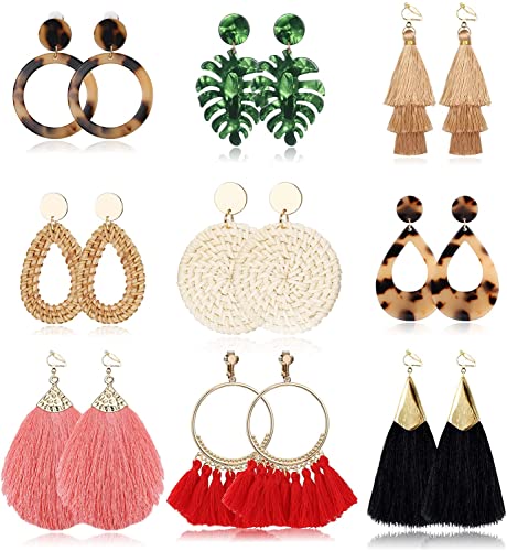 ADRAMATA 9 Paar Böhmische Ohrringe für Frauen - Clip, Acryl, Rattan, Geometrische Quaste, Creolen, Strandschmuck - Nicht Durchbohrter Schmuck von Adramata