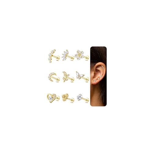 ADRAMATA 9 Stück 16G Helix Piercings Tragus Knorpel Ohrringe für Damen Ohrstecker Set Tragus Helix Conch Ohrringe Labret Zirkonia Ohrringe Schmetterling Mond Gold Silber Ohr Piercing für Damen von Adramata