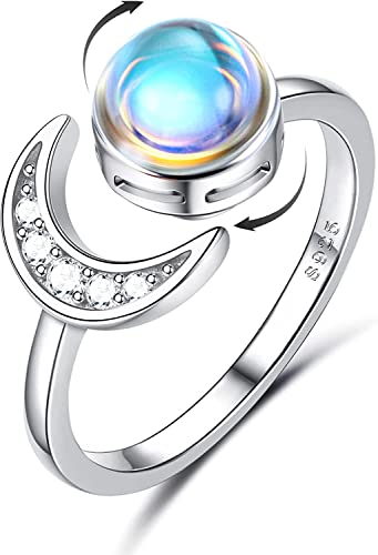 ADRAMATA 925 Sterling Silber Angst Ring für Damen 18 Karat Weiß Plattierter Mondstein CZ Offener Ring für Anti Stress Verstellbarer Stern Mond Spinner Ring Fidget Ring für Anti Stress Damen von Adramata
