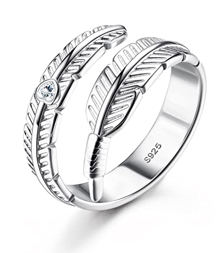 ADRAMATA Feder Ring Sterling Silber 925 Ringe Frauen Damen Ring Vintage Verstellbare Ring Angel Wings Blatt Finger Ring Hochzeit Verlobung Ewige Ring von Adramata