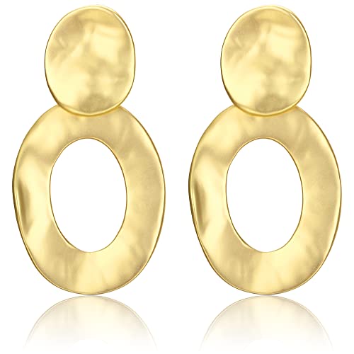 ADRAMATA Ohrring Clip für Damen Gold Ohrclips Damen Ohne Ohrlöcher Großer Runder Wassertropfen Baumelnde Ohrringe Matt Gehämmert Geometrische Ohrringe Fake Earrings Gold Ohrringe Non Piercing von Adramata