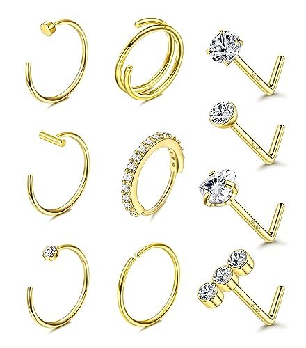 Adramata 10 Stück 20G Nasenpiercing Stecker Chirurgenstahl 14 Karat Gold Nasenpiercing CZ Herz Nasenstecker Nostril Piercing für Damen Herren L-förmiger Nasenring Silber/Gold Nasenpiercing Schmuck,BG von Adramata