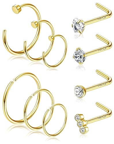 Adramata 10 Stück 20G Nasenpiercing Stecker Chirurgenstahl 14 Karat Gold Nasenpiercing CZ Herz Nasenstecker Nostril Piercing für Damen Herren L-förmiger Nasenring Silber/Gold Nasenpiercing Schmuck,AG von Adramata