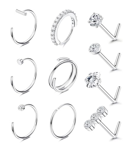 Adramata 10 Stück 20G Nasenpiercing Stecker Chirurgenstahl 14 Karat Gold Nasenpiercing CZ Herz Nasenstecker Nostril Piercing für Damen Herren L-förmiger Nasenring Silber/Gold Nasenpiercing Schmuck,B,S von Adramata