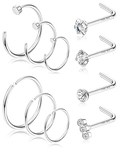 Adramata 10 Stück 20G Nasenpiercing Stecker Chirurgenstahl 14 Karat Gold Nasenpiercing CZ Herz Nasenstecker Nostril Piercing für Damen Herren L-förmiger Nasenring Silber/Gold Nasenpiercing Schmuck,AS von Adramata