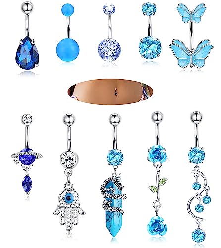 Adramata 10Pcs 14G Bauchnabelpiercing Chirurgenstahl Herz Schmetterling Bauchnabelpiercing Hängend Set Piercing Bauchnabel Rosa Blau Bauchnabelpiercing Ring Körper Piercing Schmuck Sommer Strand von Adramata