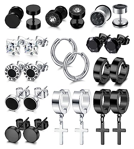 Adramata 12 Paar Herren Ohrring Ohrstecker, 8MM Edelstahl Schwarze Silber Ohrringe Knorpel Ohrringe Hoops Cooles Ohr Piercing für Männer Junge von Adramata