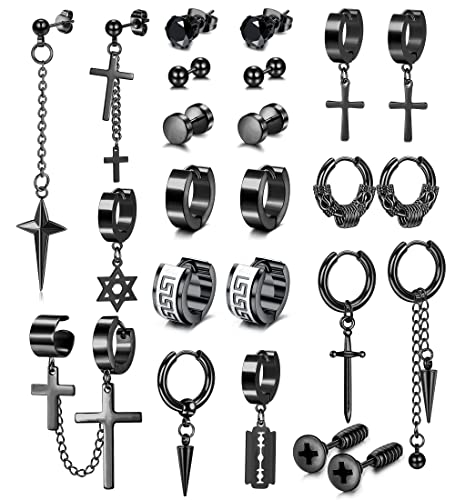 Adramata 12 Paare Ohrringe Herren Chirurgenstahl Ohrringe Stecker Kreuz Ohrringe Hängend Punk Ohrringe Männer Set Ohrringe Creolen Silber Ohrringe Schwarz Ohrstecker für Herren Damen von Adramata