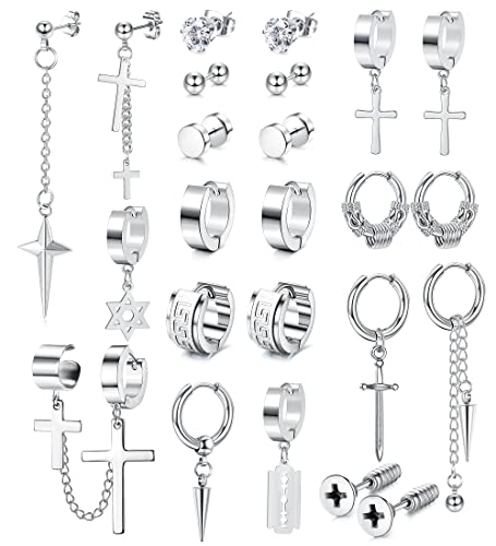 Adramata 12 Paare Herren Ohrringe Set - Chirurgenstahl Stecker, Kreuz, Hängend, Punk, Creolen - Silber und Schwarz für Herren und Damen von Adramata