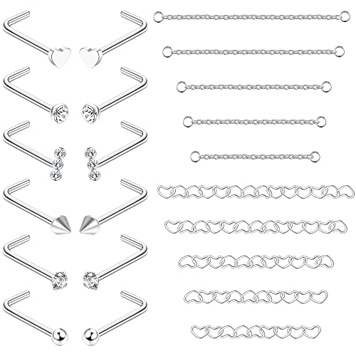 Adramata 12 Stück Nasenstecker 10 Stück Nasenkette Piercing Chirurgenstahl Nasenring mit Nasenkette für Doppel Nasenpiercing 20G Nasenstecker Silber Nasenpiercings für Damen Herren von Adramata