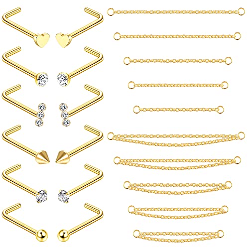 Adramata 12 Stück Nasenstecker 10 Stück Nasenkette Piercing Chirurgenstahl Nasenring mit Nasenkette für Doppel Nasenpiercing 20G Nasenstecker Silber Nasenpiercings für Damen Herren von Adramata