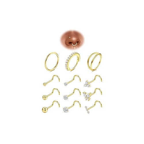 Adramata 12 Stück 20G Nasenpiercing Stecker Chirurgenstahl Piercing Nase Hypoallergene CZ Nasenring L-förmiger Nasenstecker Nostril Piercing für Damen Herren (Gold/Silber) von Adramata