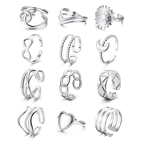 Adramata 12Pcs Ringe für Damen Edelstahl Ring Frauen Einfaches Herz Infinity Ring Offene Verstellbare Ringe Set Stapelbare Coole Punk Fingerring Boho Ringe Gold Silber Daumenring Damen von Adramata