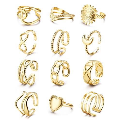 Adramata 12Pcs Ringe für Damen Edelstahl Ring Frauen Einfaches Herz Infinity Ring Offene Verstellbare Ringe Set Stapelbare Coole Punk Fingerring Boho Ringe Gold Silber Daumenring Damen von Adramata