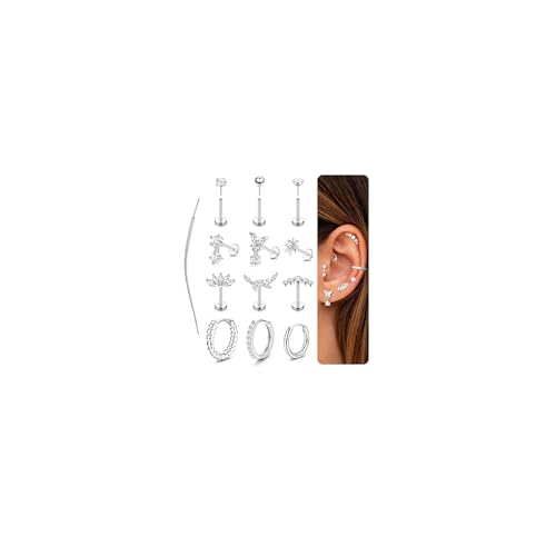 Adramata Helix Piercings Chirurgenstahl Ohrringe Piercing Set Gewindeloses Einstecken Flatback Ohrstecker Labret Medusa Nasenpiercing Knorpel Ohrringe Damen Gold Silber Conch Tragus Piercing Ohr von Adramata