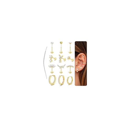Adramata Helix Piercings Chirurgenstahl Ohrringe Piercing Set Gewindeloses Einstecken Flatback Ohrstecker Labret Medusa Nasenpiercing Knorpel Ohrringe Damen Gold Silber Conch Tragus Piercing Ohr von Adramata