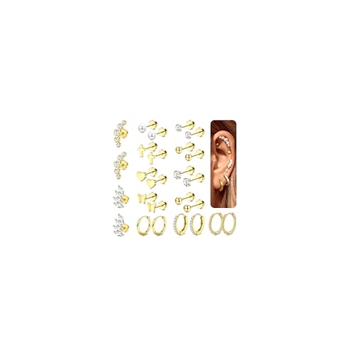 Adramata 13 Paar Ohrringe Gold Damen Klein Ohrstecker Chirurgenstahl Ohrring Creolen Hypoallergene Ohrring Set Damenohrringe Piercing Ohr Tragus Piercing Helix Piercings Ohrringe Silber Gold von Adramata