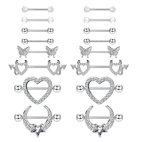 Adramata 8 Paar 14G Nippelpiercing Chirurgenstahl Brustwarzenpiercing Set Stern Schmetterling Nippel Piercing Set Kugel Herz Zungenstangen Nippelpiercing Körper Piercing Schmuck Damen von Adramata