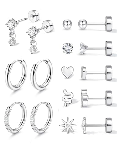 Adramata 8 Paar Ohrringe Gold Damen Ohrstecker Set Chirurgenstahl Huggie Hoop Ohrringe Creolen Silber, Hypoallergene Ohrringe Knorpel Stecker Gold Silber Conch Helix Tragus Piercing Ohr Schmuck,SA von Adramata