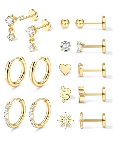 Adramata 8 Paar Gold Ohrringe Damen Set - Chirurgenstahl Huggie Hoop Creolen Silber, Hypoallergene Knorpel Stecker, Conch Helix Tragus Piercing Ohr Schmuck von Adramata